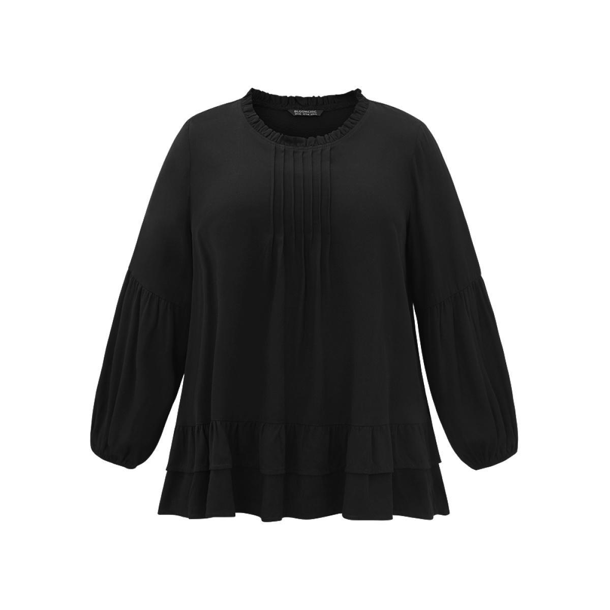 Plus Size Black Seam Detail Frill Trim Layered Blouse Women Elegant Long Sleeve Round Neck Dailywear Blouses BloomChic 12/L Product Image