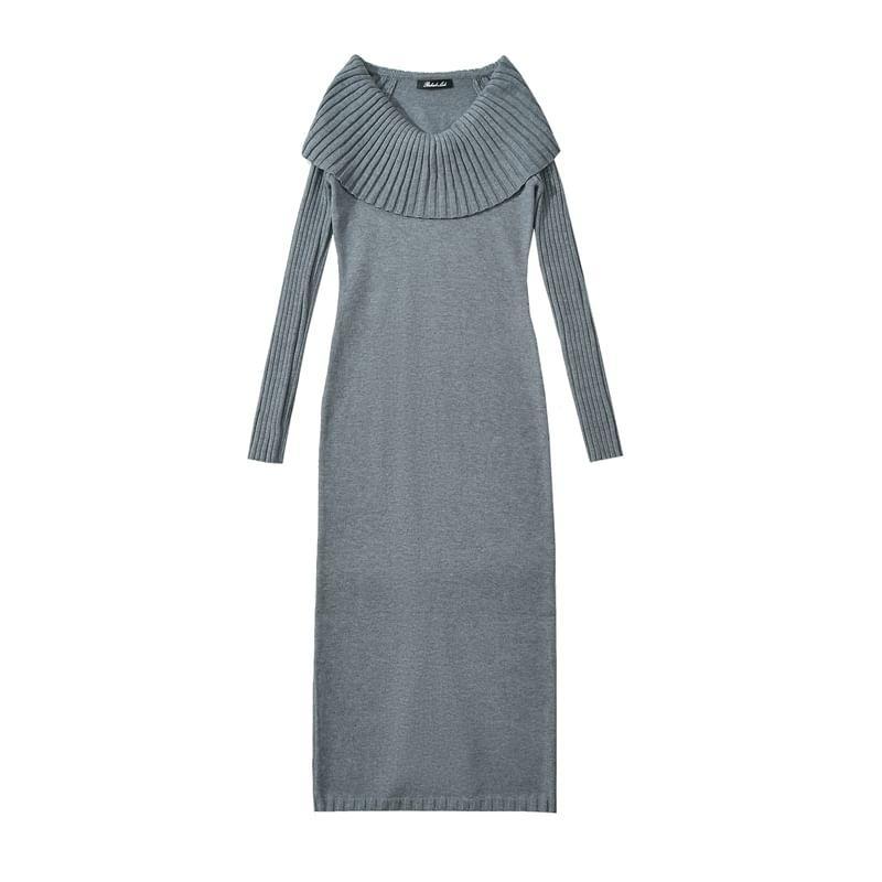 Long-Sleeve Off Shoulder Plain Ribbed Knit Maxi Sheath Sweater Dress Product Image