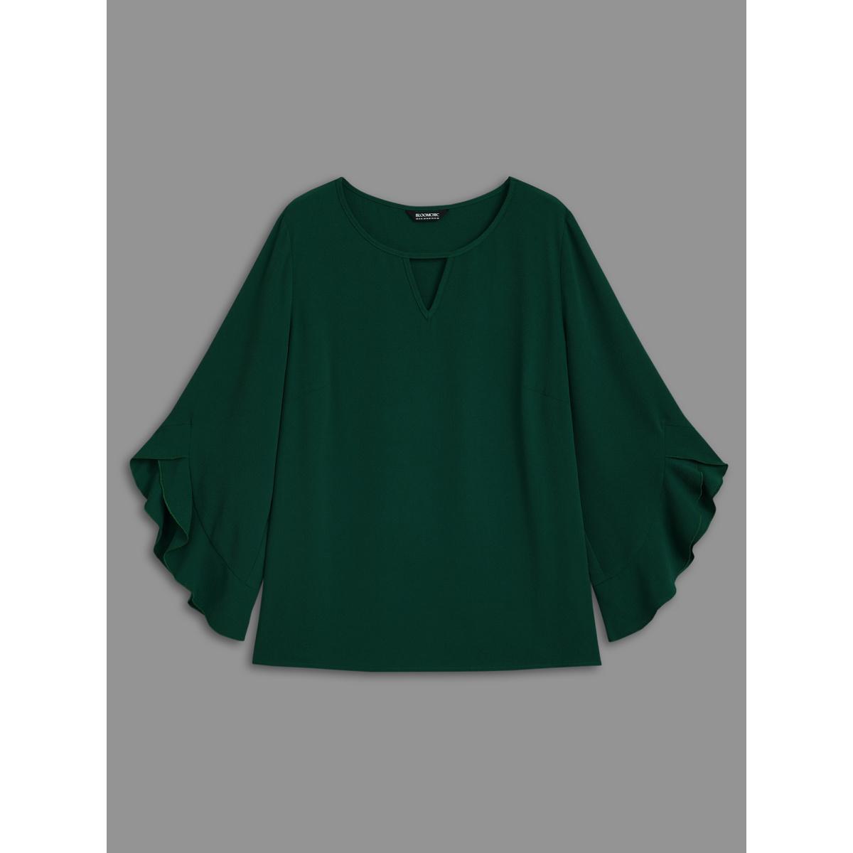 Plus Size Emerald Solid Keyhole Ruffle Sleeve Blouse Women Elegant Extra Long Sleeve Round Neck Everyday Blouses BloomChic 18-20/2X Product Image