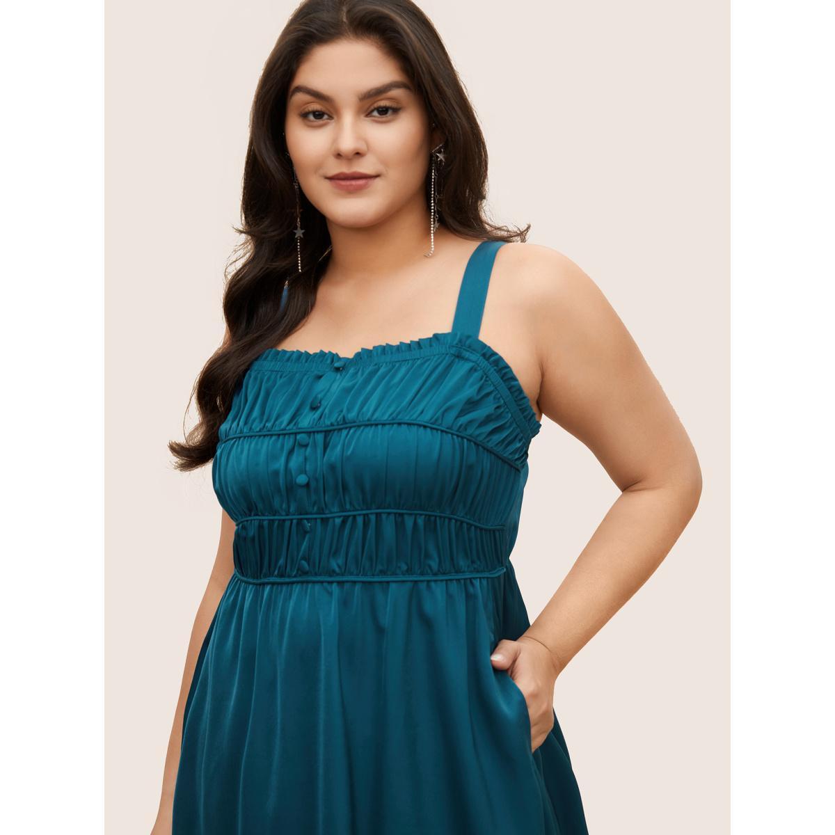 Plus Size Satin Solid Gathered Button Detail Cami Dress Aegean Women Elegant Non Non Sleeveless Curvy Midi Dress BloomChic 10/M Product Image