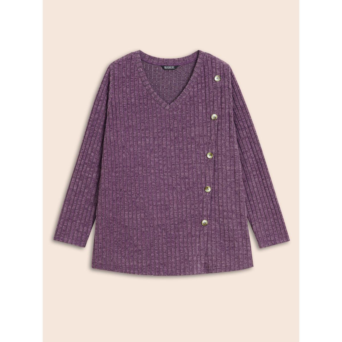 Plus Size V Neck Button Detail Rib Knit T-shirt Mauve Women Elegant Texture V-neck Everyday T-shirts BloomChic 12/L Product Image
