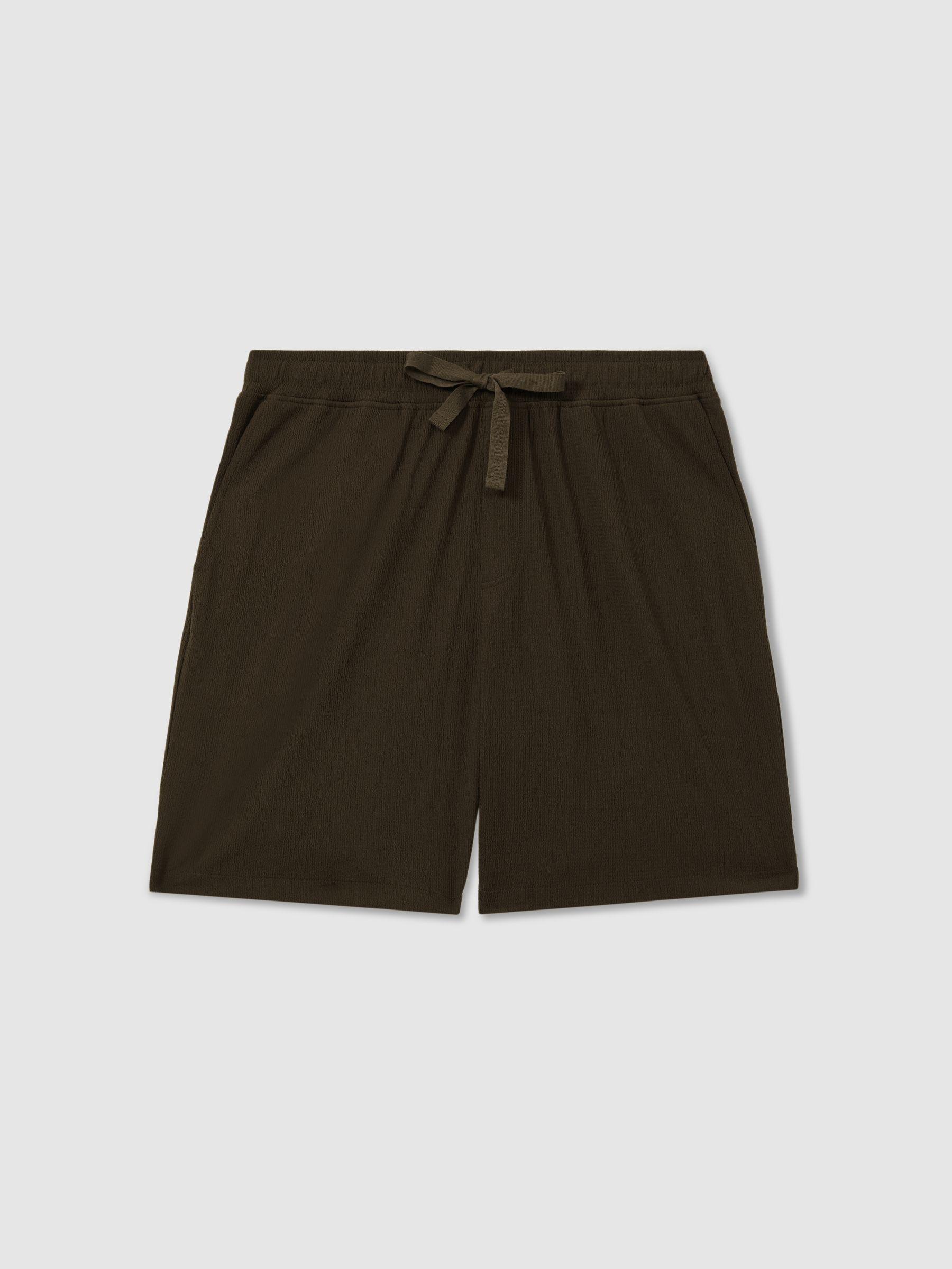 Textured Crepe Drawstring Shorts in Dark Olive Green Product Image