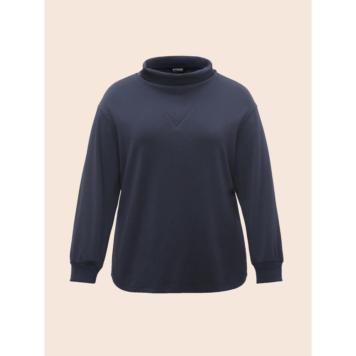 Plus Size Ruffled Collar Plain Drop Shoulder Sweatshirt Women Indigo Casual Non Ruffled collar Everyday Sweatshirts BloomChic 10/M Product Image
