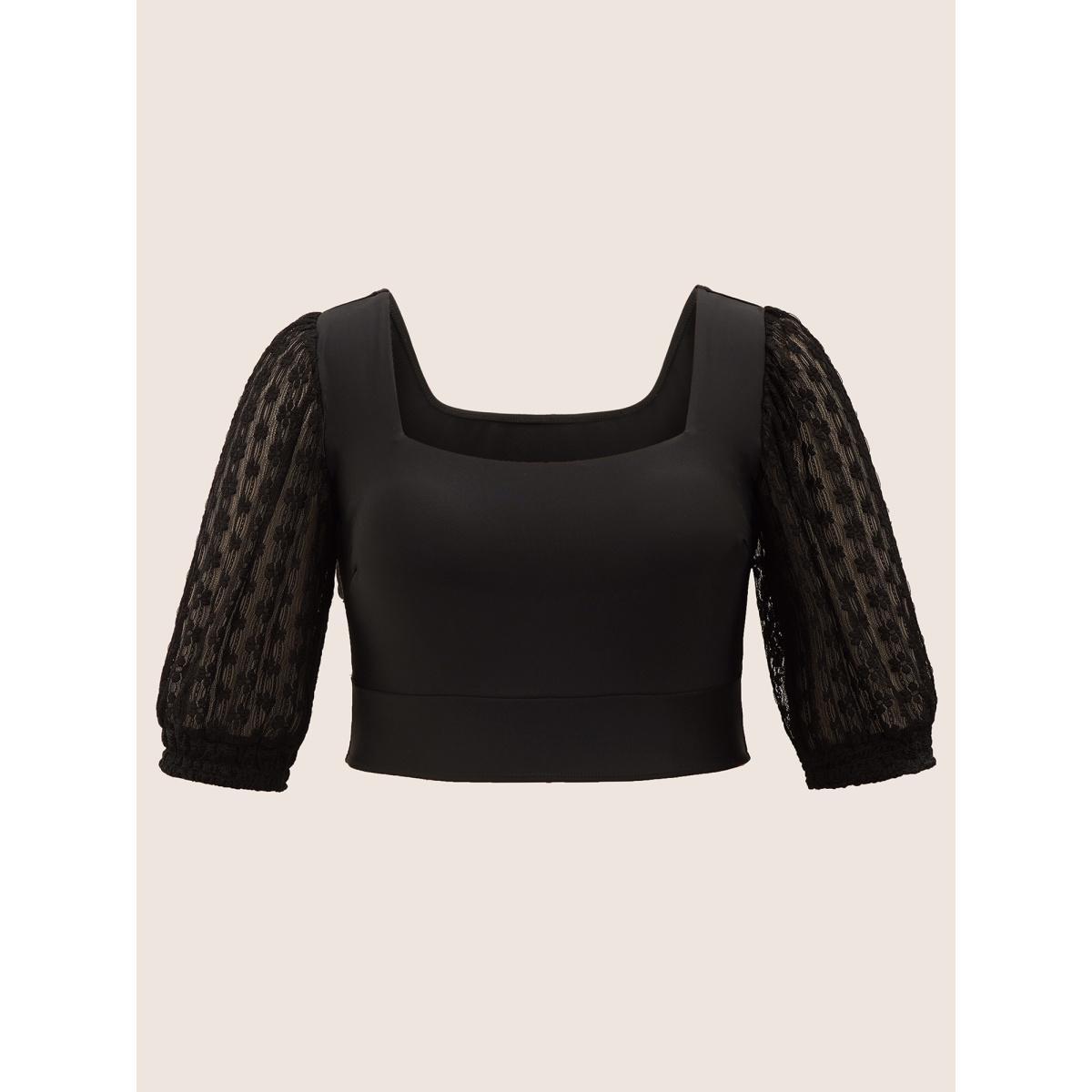 Plus Size Square Neck Patchwork See Through Swim Top Women's Swimwear Black Beach See through High stretch Skinny Square Neck Curve Swim Tops BloomChic 26/4X Product Image