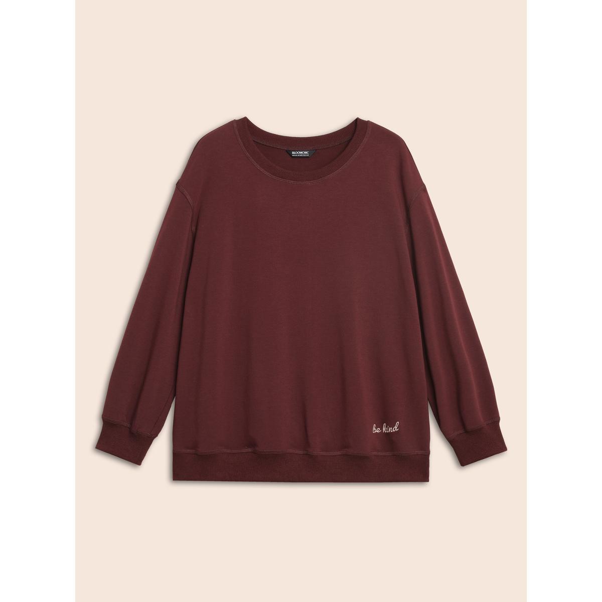 Plus Size Letter Embroidered Round Neck Sweatshirt Women Maroon Casual Patchwork Loose Round Neck Everyday Sweatshirts BloomChic 10/M Product Image