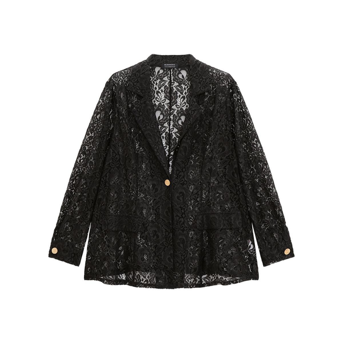 Plus Size Halloween Plain Lapel Collar Pocket Lace Buckle Detail Blazer Black Women Work Plain Lace Sleeve Long Sleeve Lapel Collar 10/M Pocket Office Blazers BloomChic Product Image