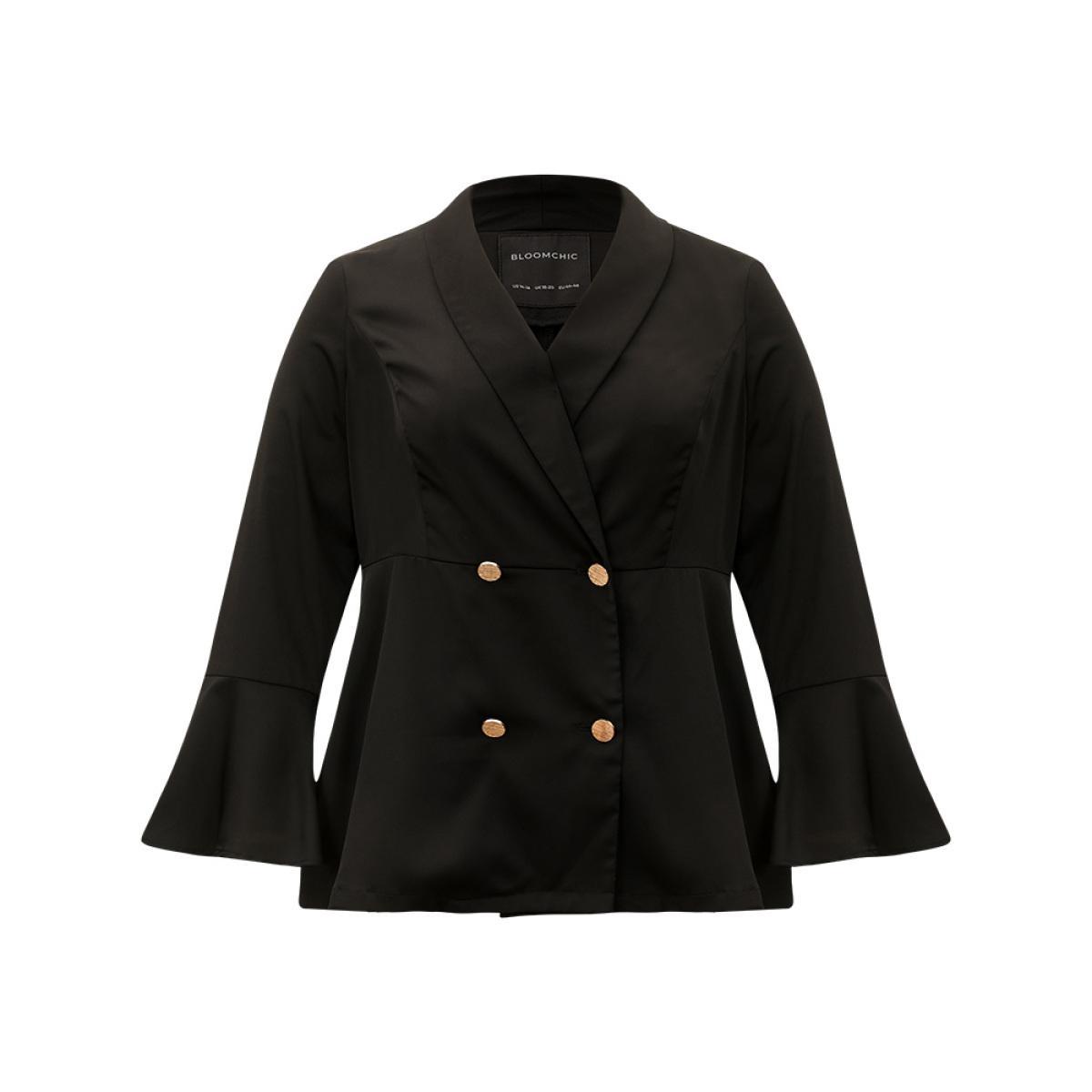 Plus Size Plain Ruffles Button Up Blazer Black Women Dailywear Plain Plain Ruffle Sleeve Long Sleeve Lapel Collar 14-16/1X Casual Blazers BloomChic Product Image