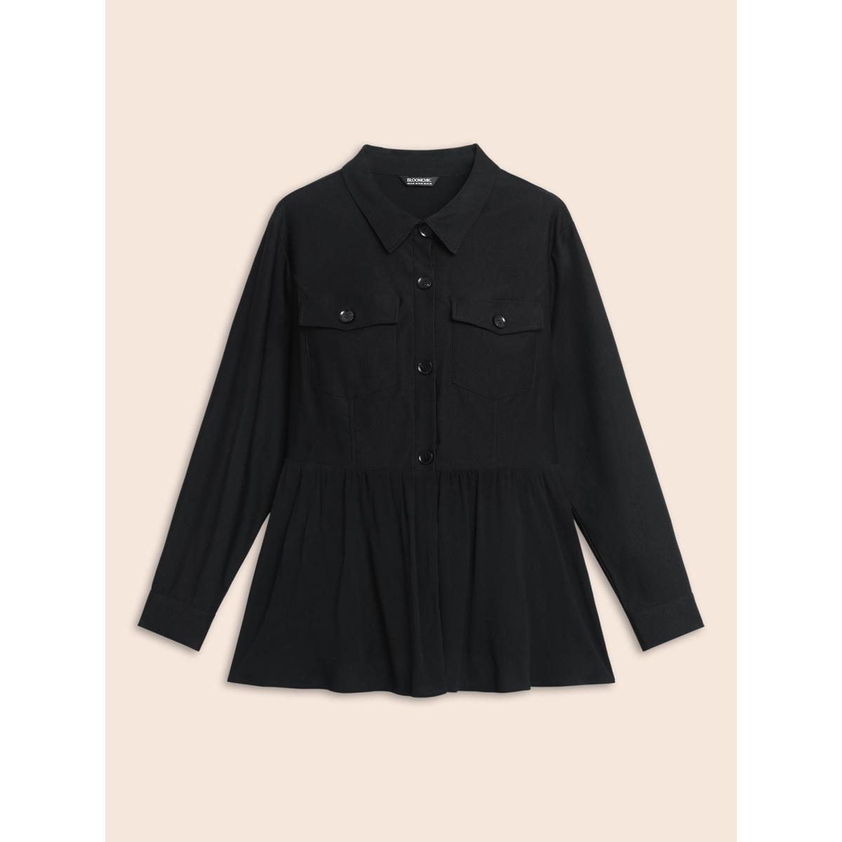 Plus Size Shirt Collar Flap Detail Gathered Jacket Women Black Gathered Everyday Jackets BloomChic 28/5X Product Image
