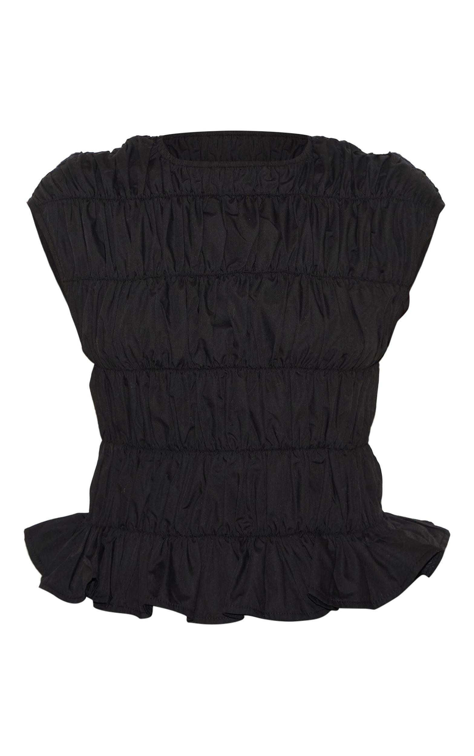 Black Shirred Boatneck Fitted Top Product Image
