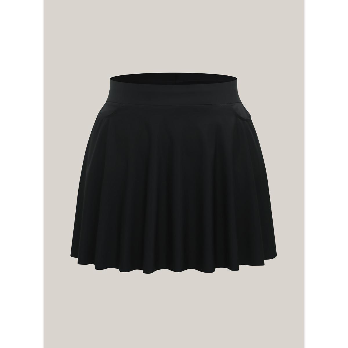 Plus Size Pleated Pockets Plain Swim Skirt Women's Swimwear Black Beach High stretch Bodycon High Rise Side seam pocket Curve Swim Bottoms BloomChic 26/4X Product Image