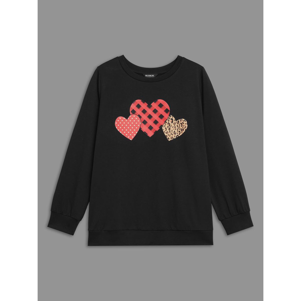 Plus Size Crew Neck Heart Print Sweatshirt Women Black Casual Non Round Neck Everyday Sweatshirts BloomChic 26/4X Product Image