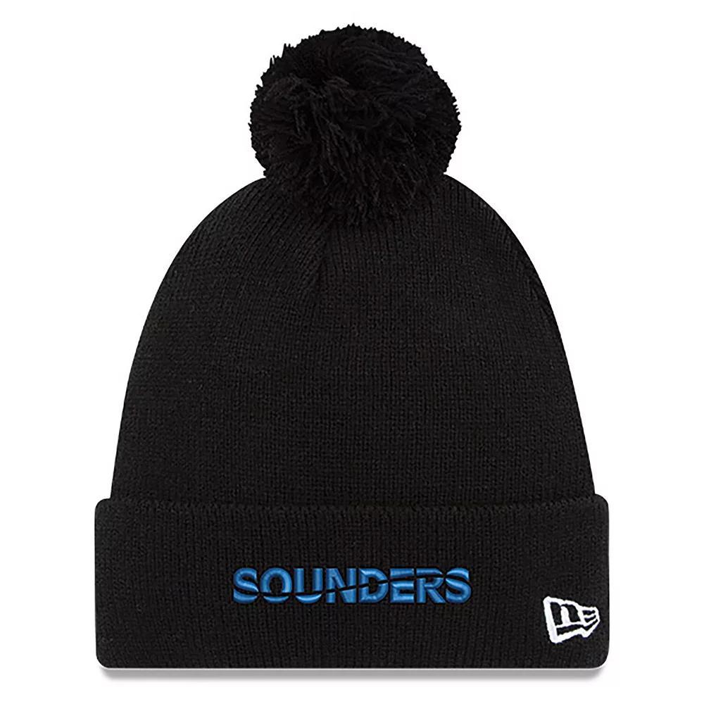 Men's New Era  Black Seattle Sounders FC  Wordmark Pom Cuffed Knit Hat Product Image