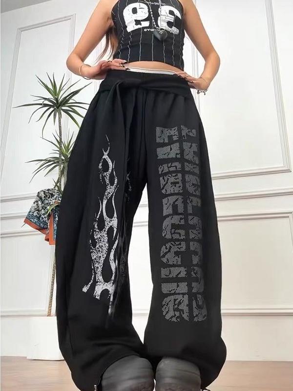 Street-Style Printed Wide Leg Pants Product Image