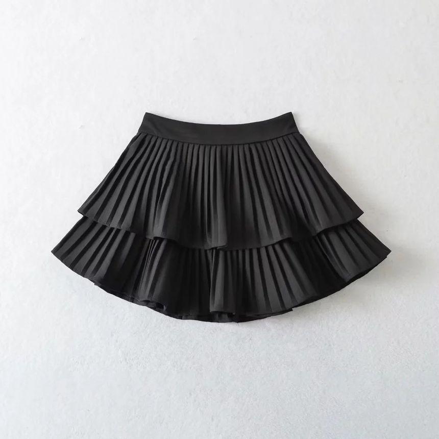 Balletcore High Waist Plain Tiered Accordion Pleated Mini A-Line Skirt Product Image