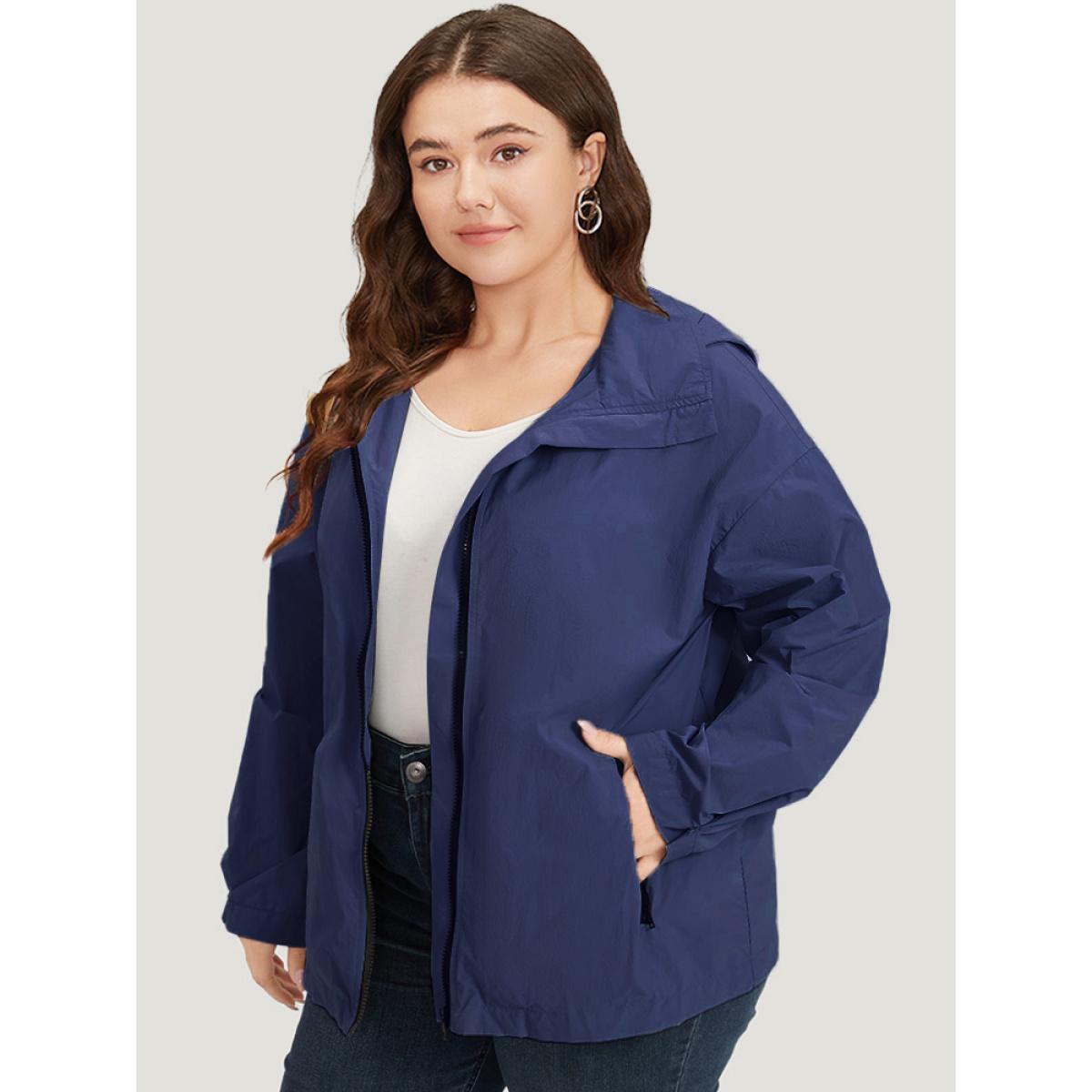 Plus Size Plain Hooded Pocket Zipper Fly Jacket Women DarkBlue Plain Pocket Dailywear Jackets BloomChic 22-24/3X Product Image