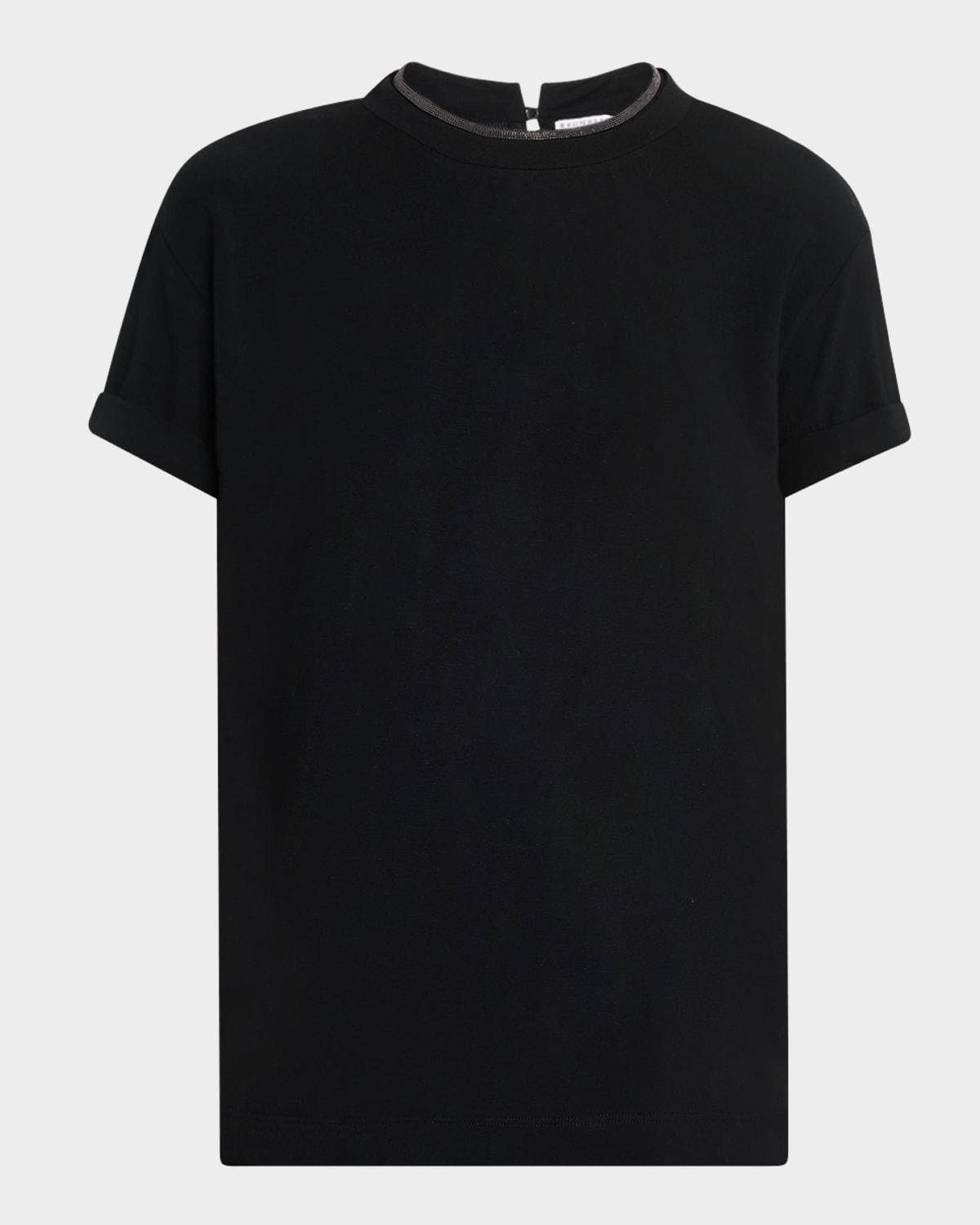 Monili-Neck Short-Sleeved Flat Cotton T-Shirt Product Image