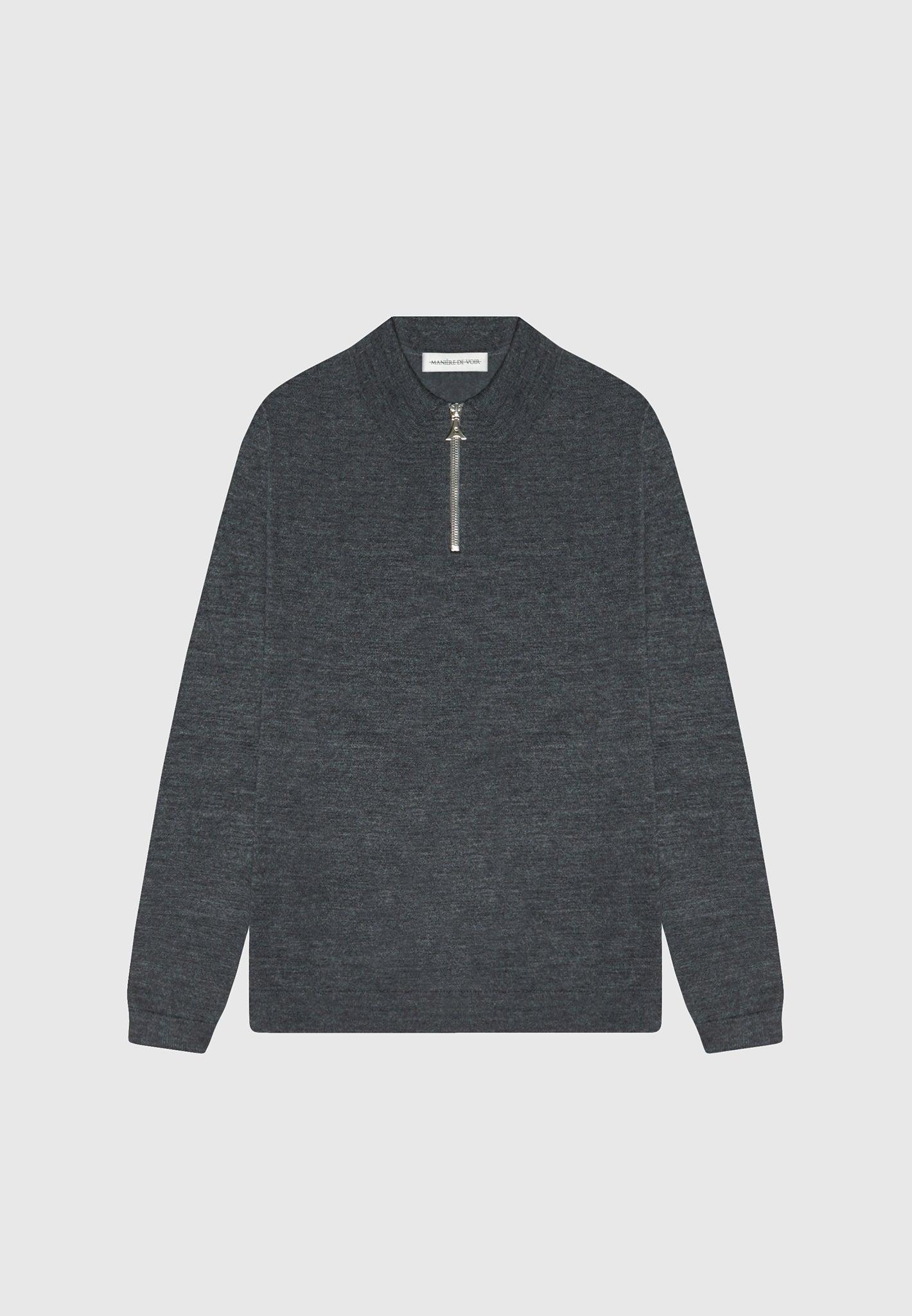 Merino Wool Long Sleeve Polo Top With Zip - Marl Grey Male Product Image