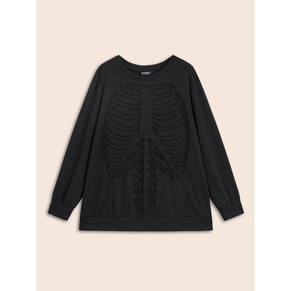 Plus Size Skeleton Embroidered Crew Neck Sweatshirt Women Black Casual Patchwork Loose Round Neck Everyday Sweatshirts BloomChic 28/5X Product Image