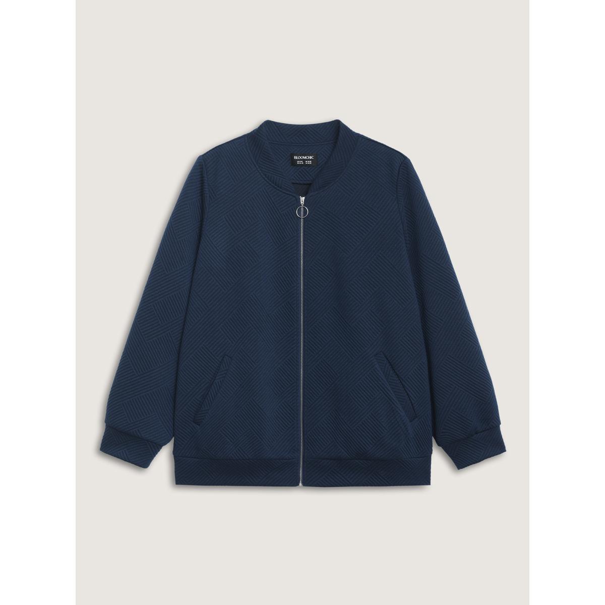 Plus Size Textured Solid Pockets Zipper Jacket Women Navy Texture Loose Slanted pocket Everyday-Casual Jackets BloomChic 10/M Product Image
