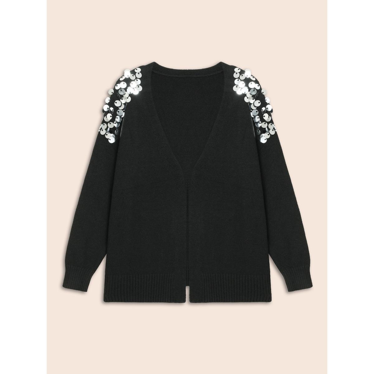 Plus Size Supersoft Essentials Silver Sequins Shoulder Open Cardigan Black Women Cocktail Loose Long Sleeve Party Cardigans BloomChic 12/L Product Image
