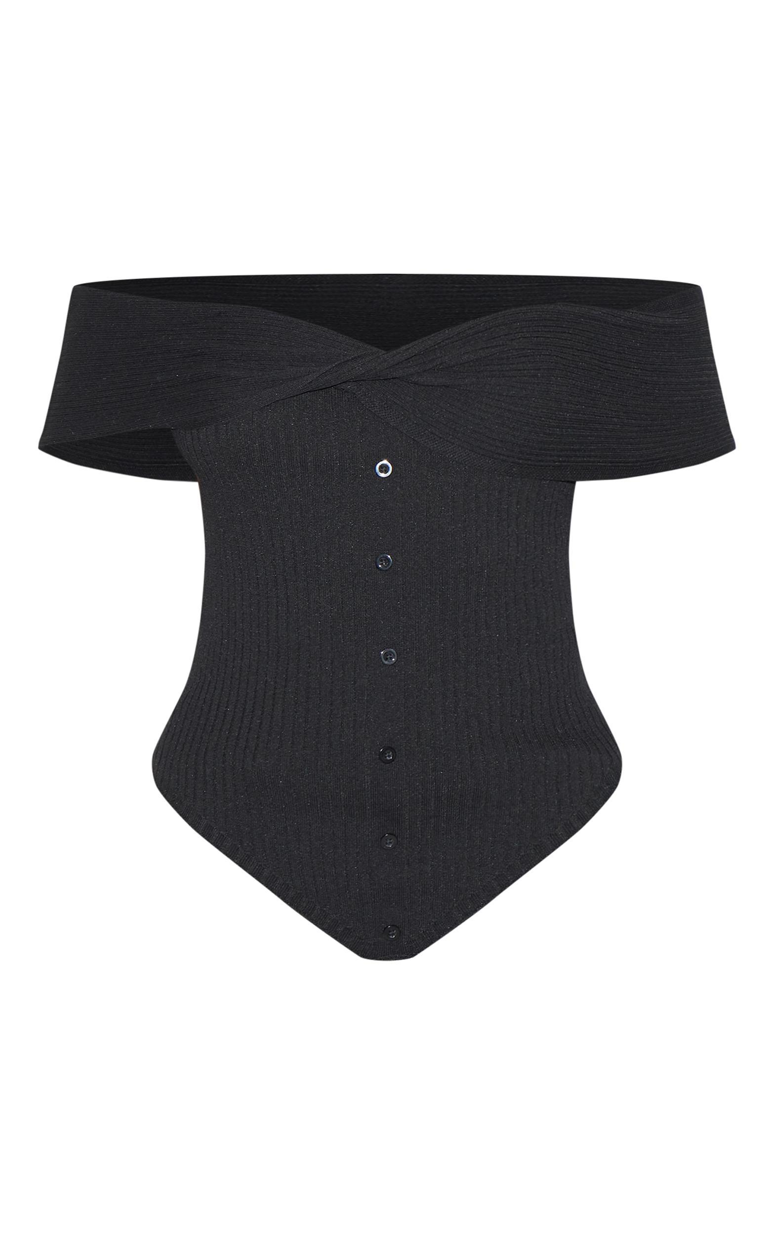 Black Rib Knit Twist Bardot Button Through Top Product Image
