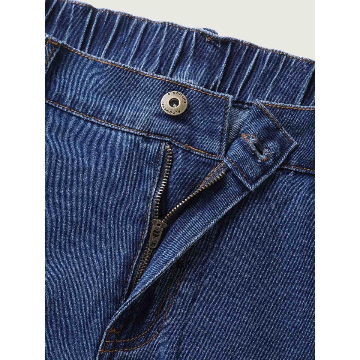 Plus Size Floral Embroidered Elastic Waist Cropped Jeans Women Midblue Medium stretch Slanted pocket Jeans BloomChic 28/5X Product Image