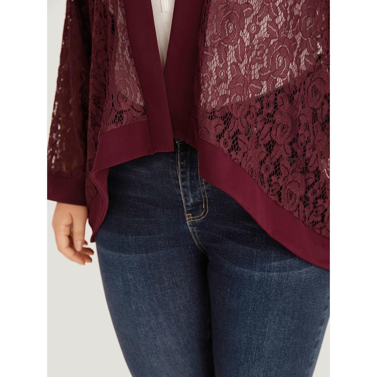 Plus Size Supersoft Essentials Crochet Lace Mesh Open Front Asymmetrical Hem Kimono Women Scarlet Casual Patchwork Loose Dailywear Kimonos BloomChic 12/L Product Image