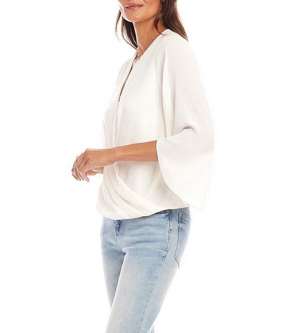 Karen Kane Silky Crepe 3/4 Flutter Sleeve Drape Front Crossover Top Product Image