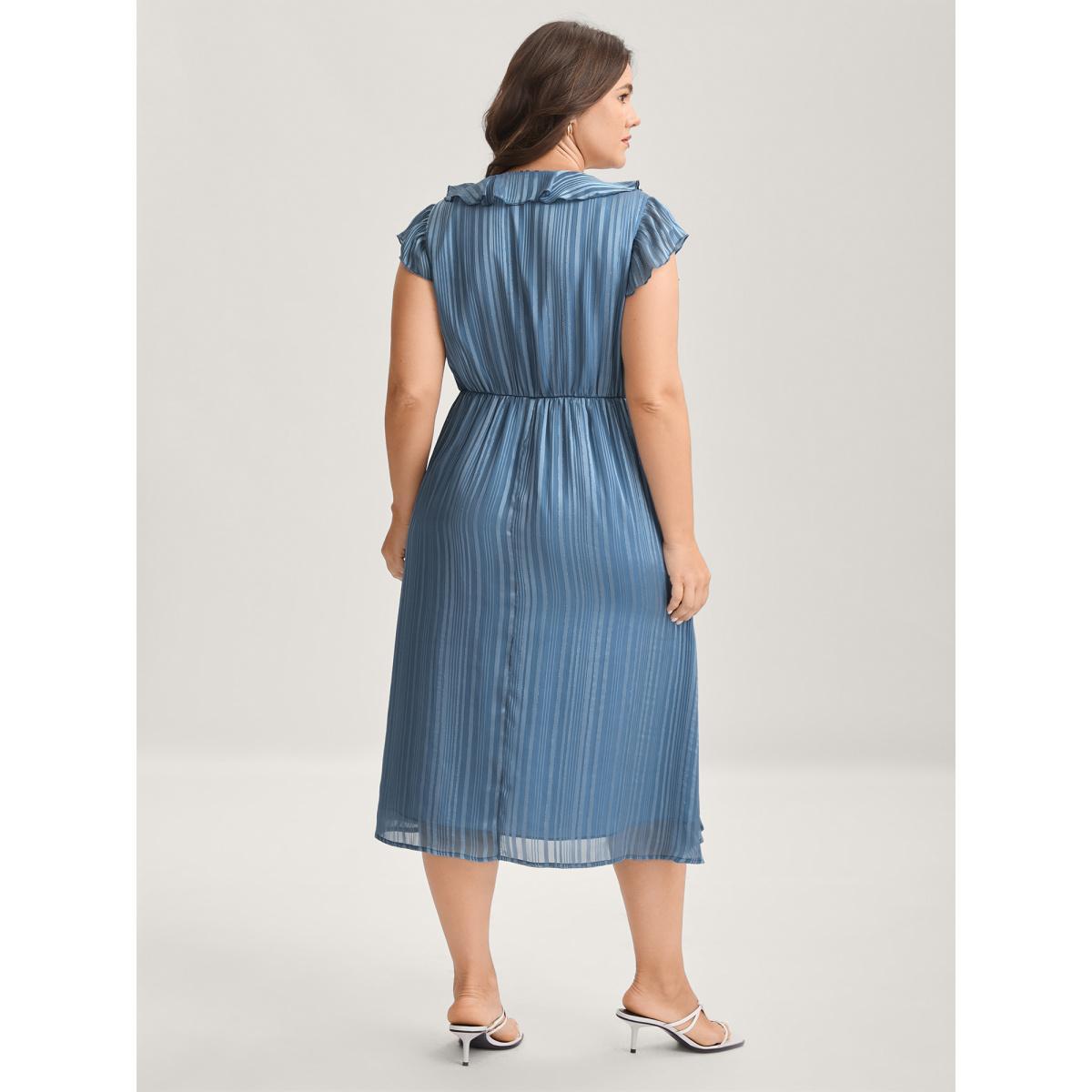 Plus Size Textured Stripe Ruffled Neck Midi Dress Stone Women V-neck Cap Sleeve Curvy BloomChic 22-24/3X Product Image