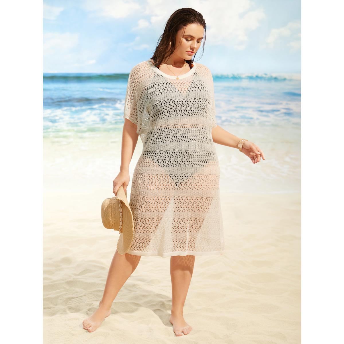 Plus Size Crew Neck Cut Out Dolman Sleeve Swim Cover Up Women's Swimwear Ivory Beach Loose Texture Curve Swim Cover Ups BloomChic 12/L Product Image