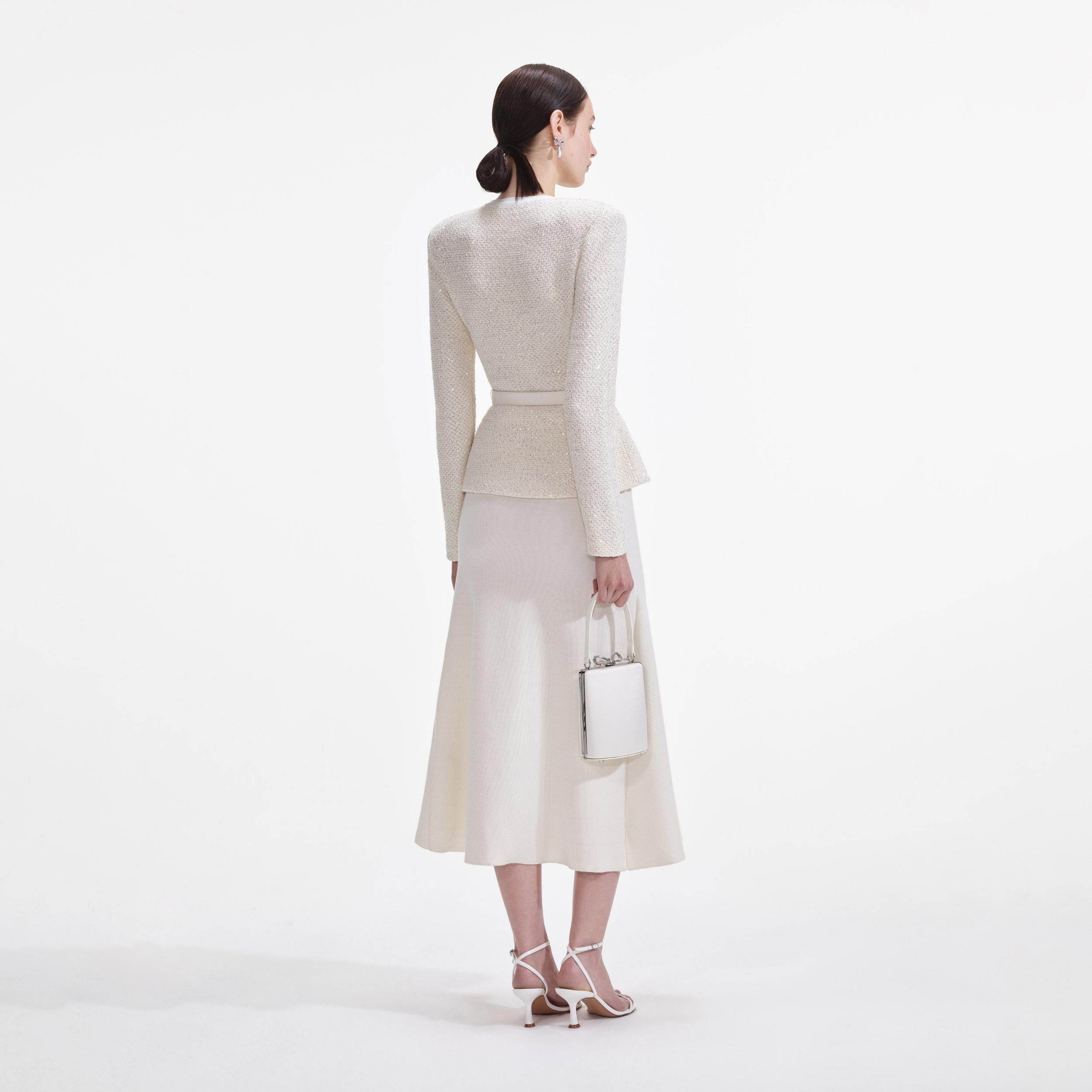 Cream Sequin Knit Tailored Midi Dress Product Image