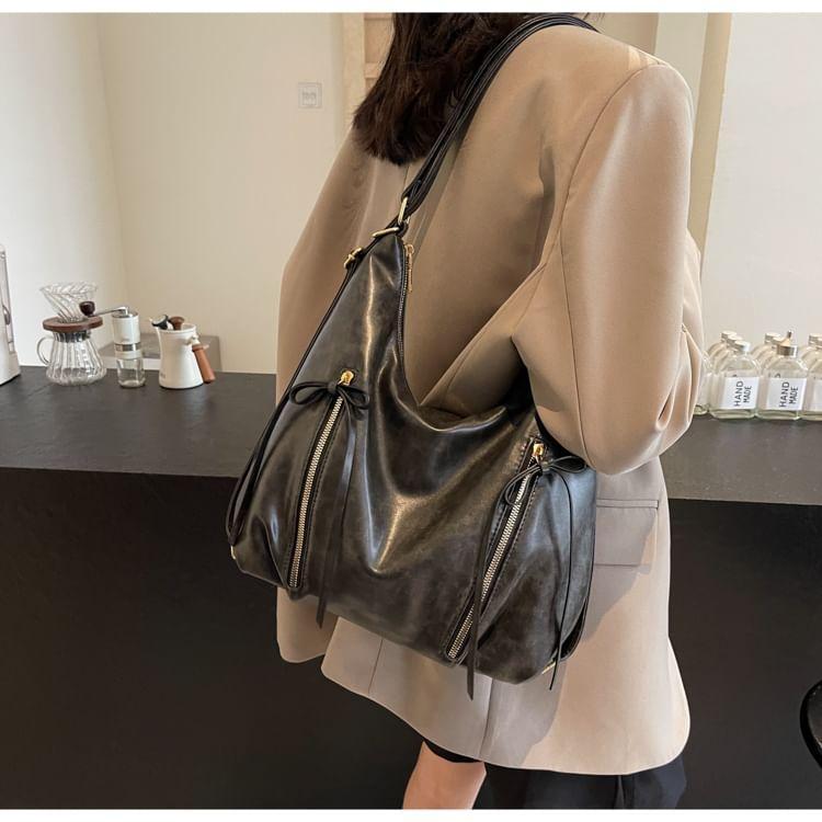 Faux Leather Ribbon Accent Shoulder Bag Product Image