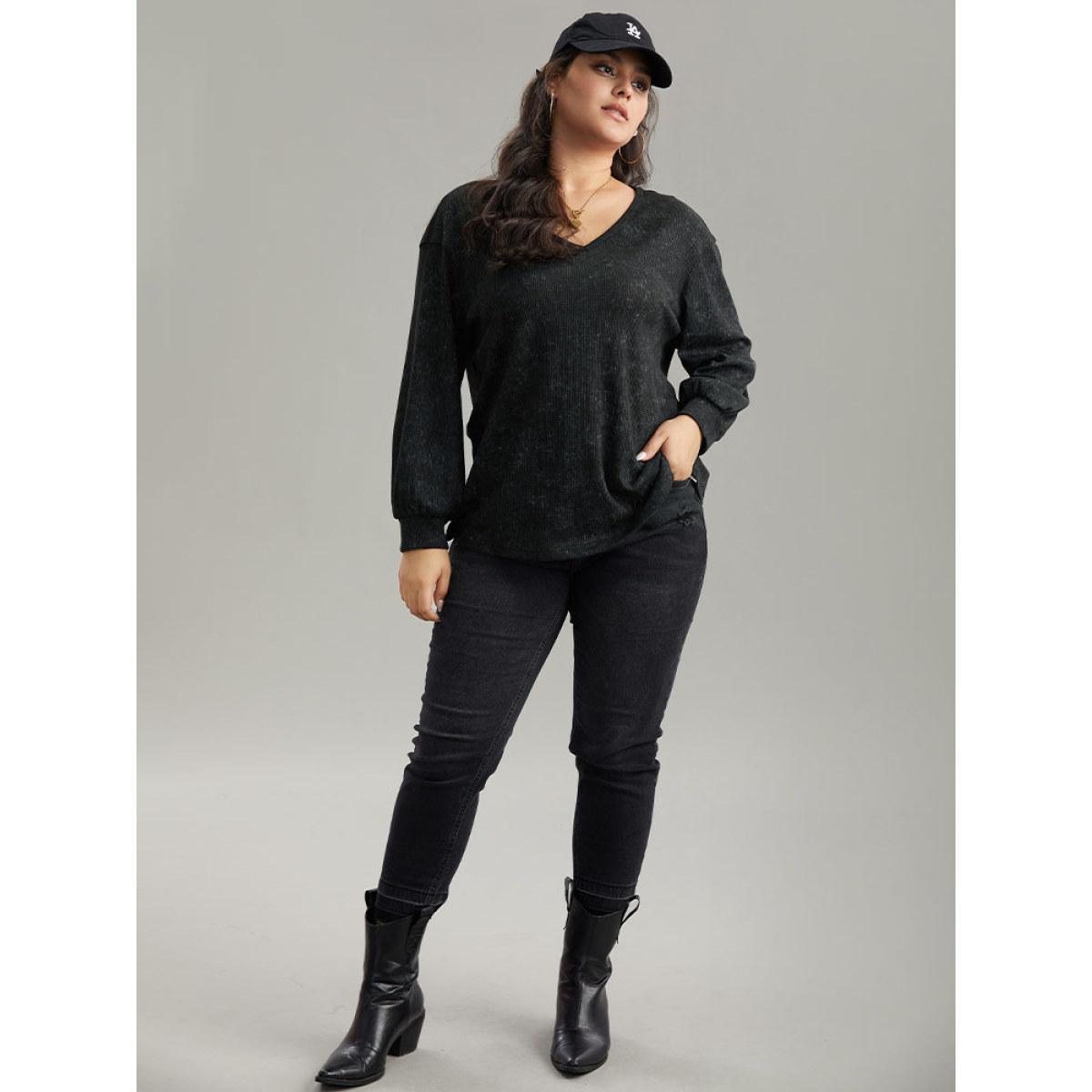 Plus Size Waffle Knit Heather V Neck T-shirt Black Women Casual Waffle Knit Plain V-neck Everyday T-shirts BloomChic 18-20/2X Product Image