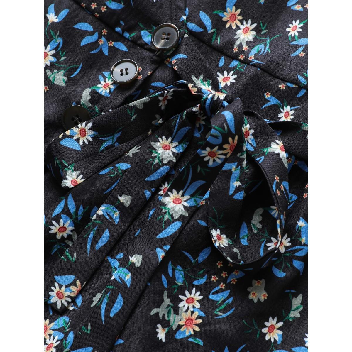 Plus Size Black Ditsy Floral Ties Wrap Bell Sleeve Blouse Women Elegant Short sleeve V-neck Everyday Blouses BloomChic 28/5X Product Image