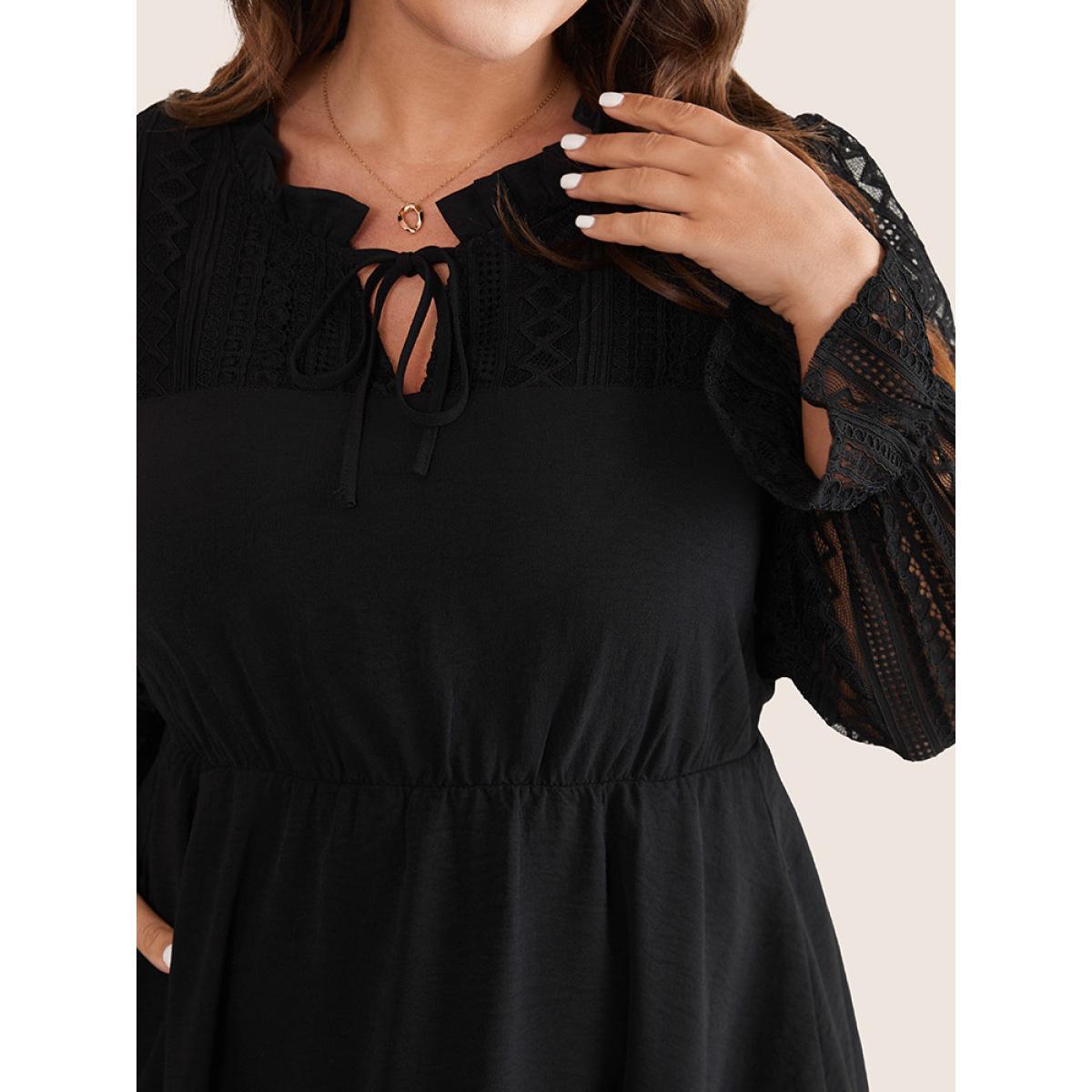 Plus Size Guipure Lace Knot Neck Ruffle Long Sleeve Dress Black Women Elegant Texture Tie Neck Long Sleeve Curvy Midi Dress BloomChic 12/L Product Image
