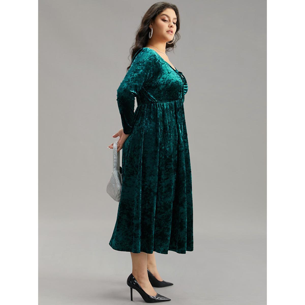 Plus Size Velvet Ruched Ties Pocket Square Neck Dress Teal Women Glamour Elastic cuffs Square Neck Long Sleeve Curvy Midi Dress BloomChic 28/5X Product Image