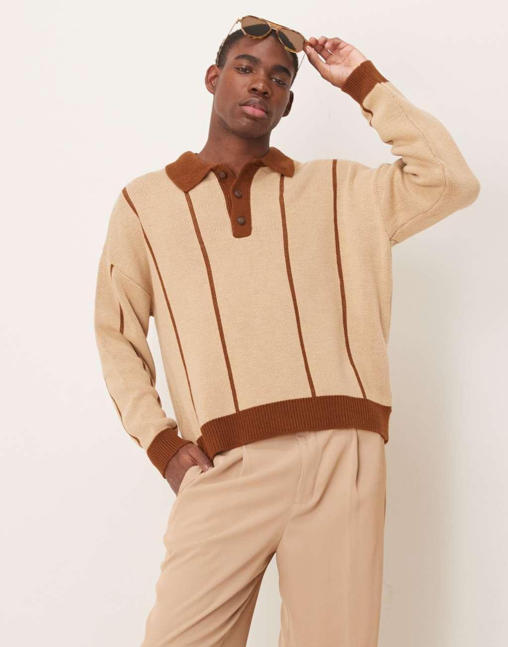 ASOS DESIGN oversized knitted polo in beige with tan stripes Product Image