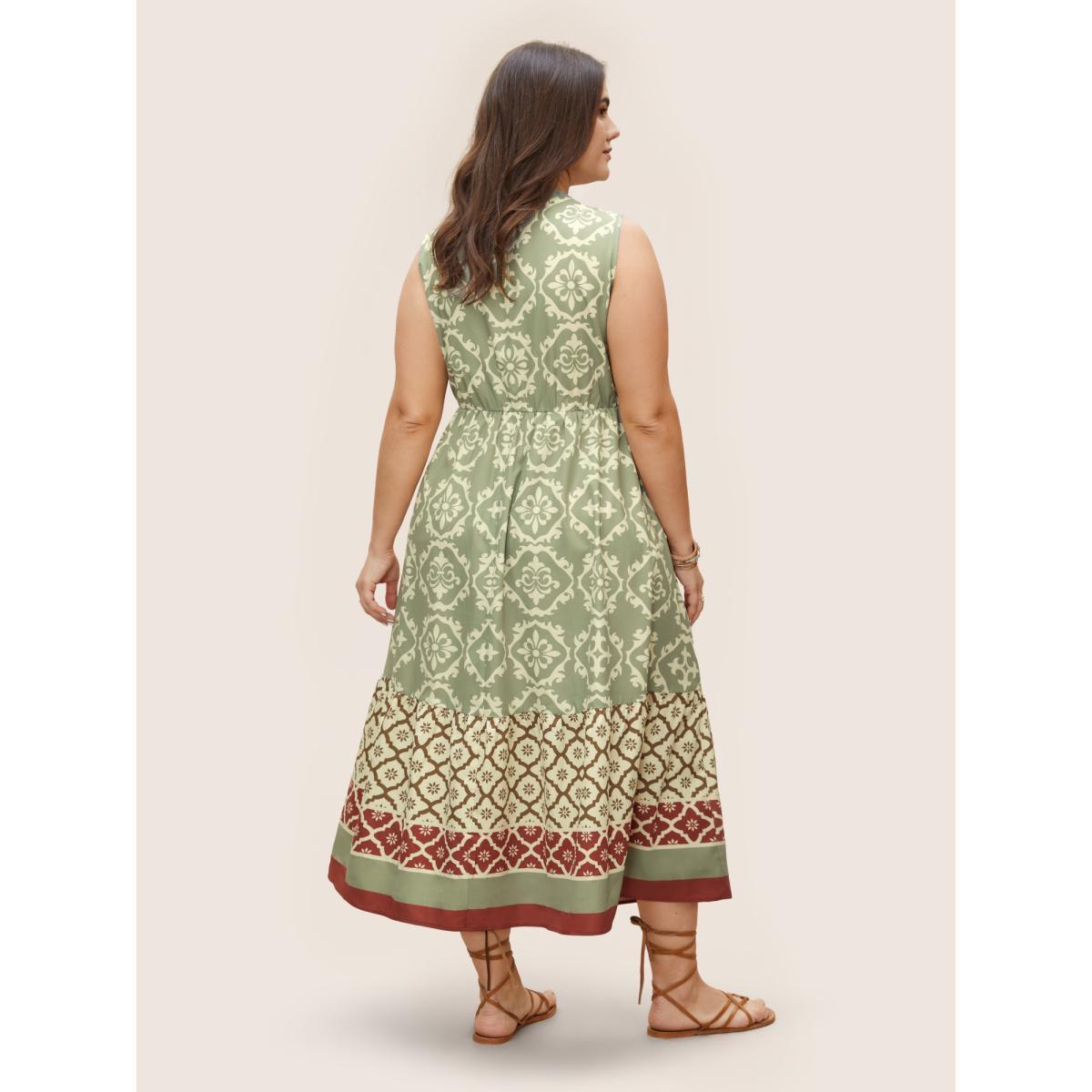 Plus Size Bandana Print Sleeveless Elastic Waist Dress Moss Women Resort Flat collar with V-notch Sleeveless Curvy BloomChic 22-24/3X Product Image