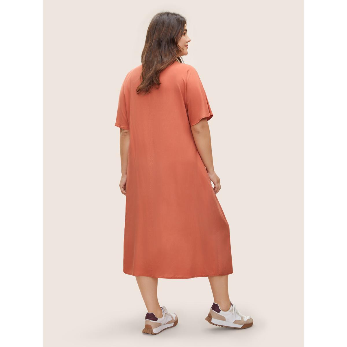 Plus Size Plain Pleated Pocket Rayon Midi Dress Coral Women Casual Non Round Neck Short sleeve Curvy Midi Dress BloomChic 10/M Product Image