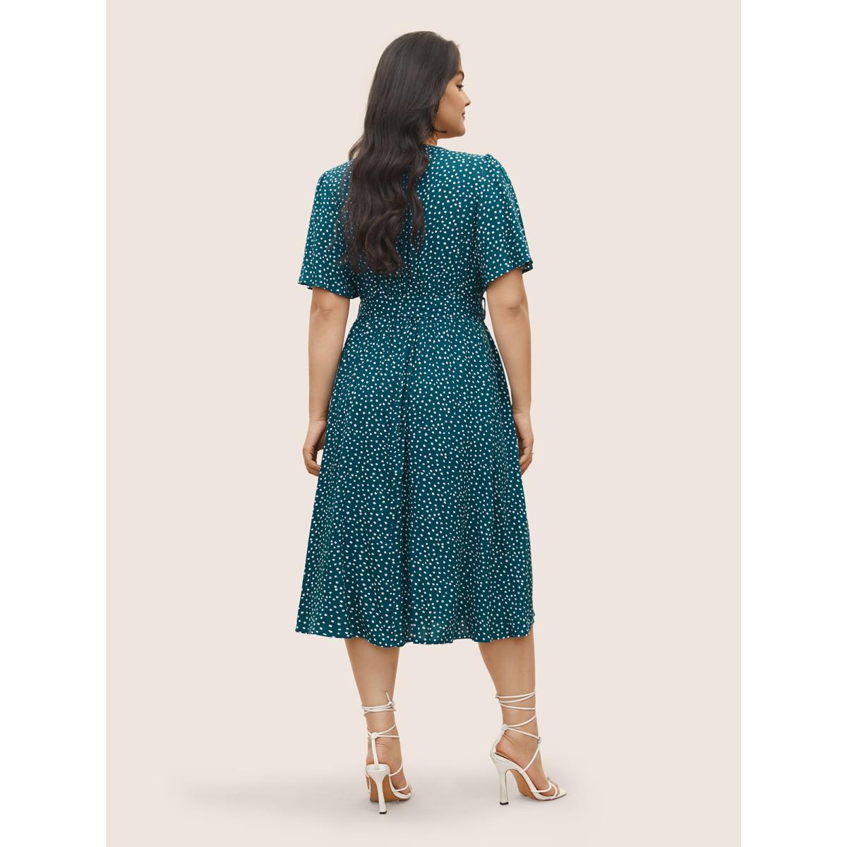 Plus Size Polka Dot Belted Flutter Sleeve Crew Neck Dress Teal Women Elegant Non Round Neck Short sleeve Curvy Midi Dress BloomChic 10/M Product Image