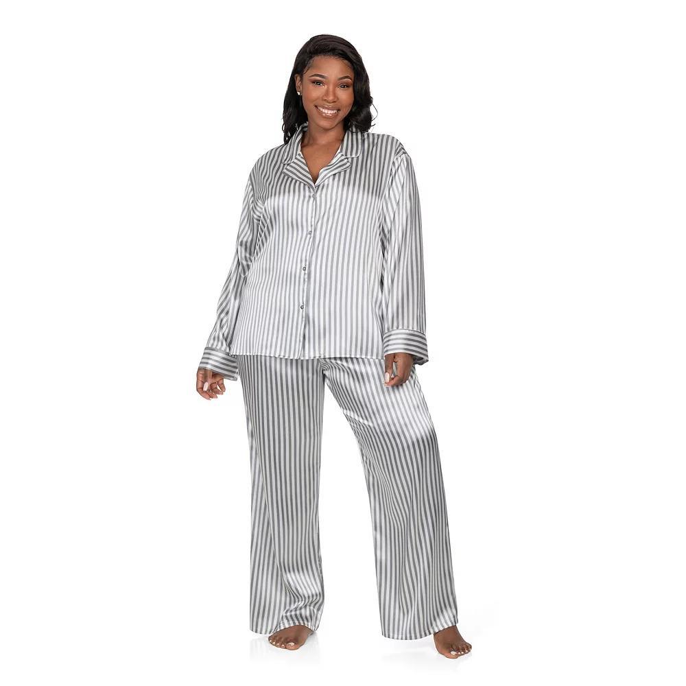 Plus Size Lilac+London Satin Notch Collar Pajama Top & Pajama Bottoms Set, Women's, Size: 1XL, Ivory Grey Product Image
