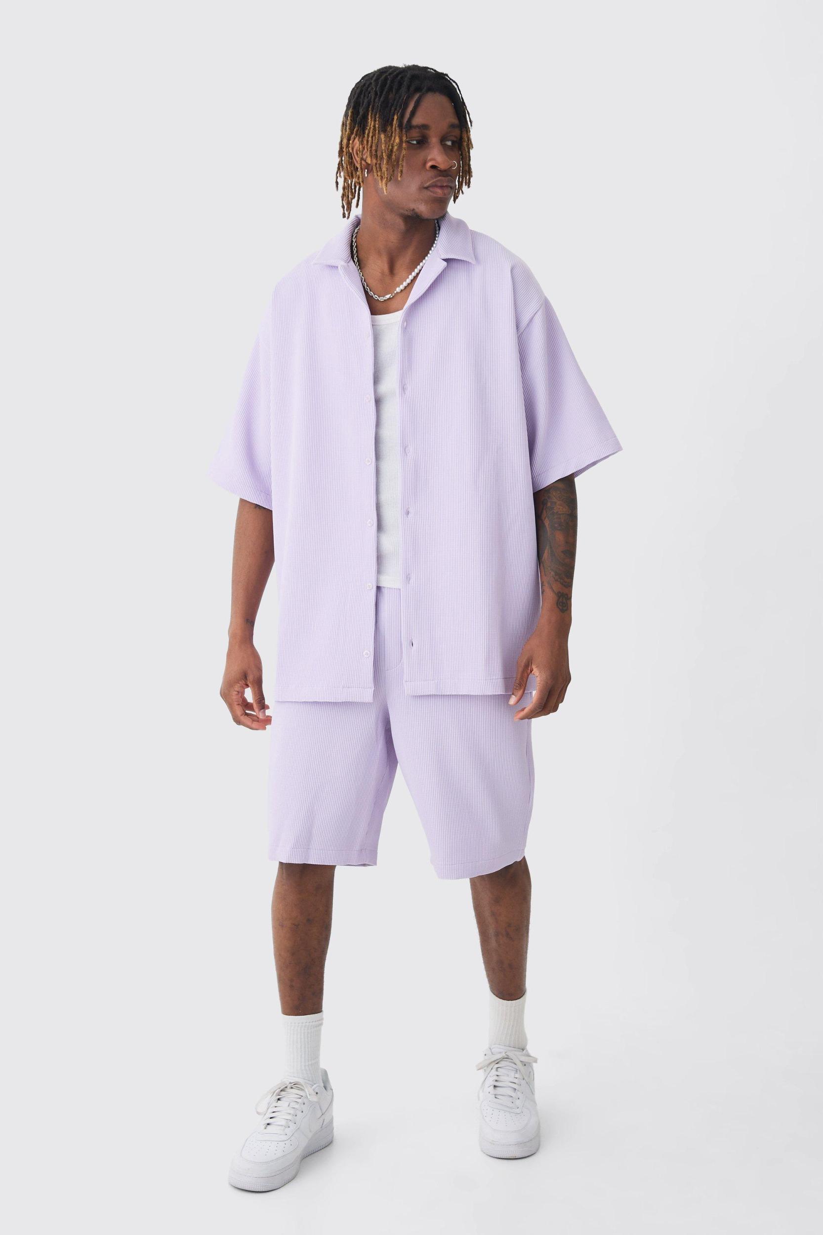Mens Tall Oversized Short Sleeve Pleated Shirt & Short Set In Lilac Set - Purple Product Image