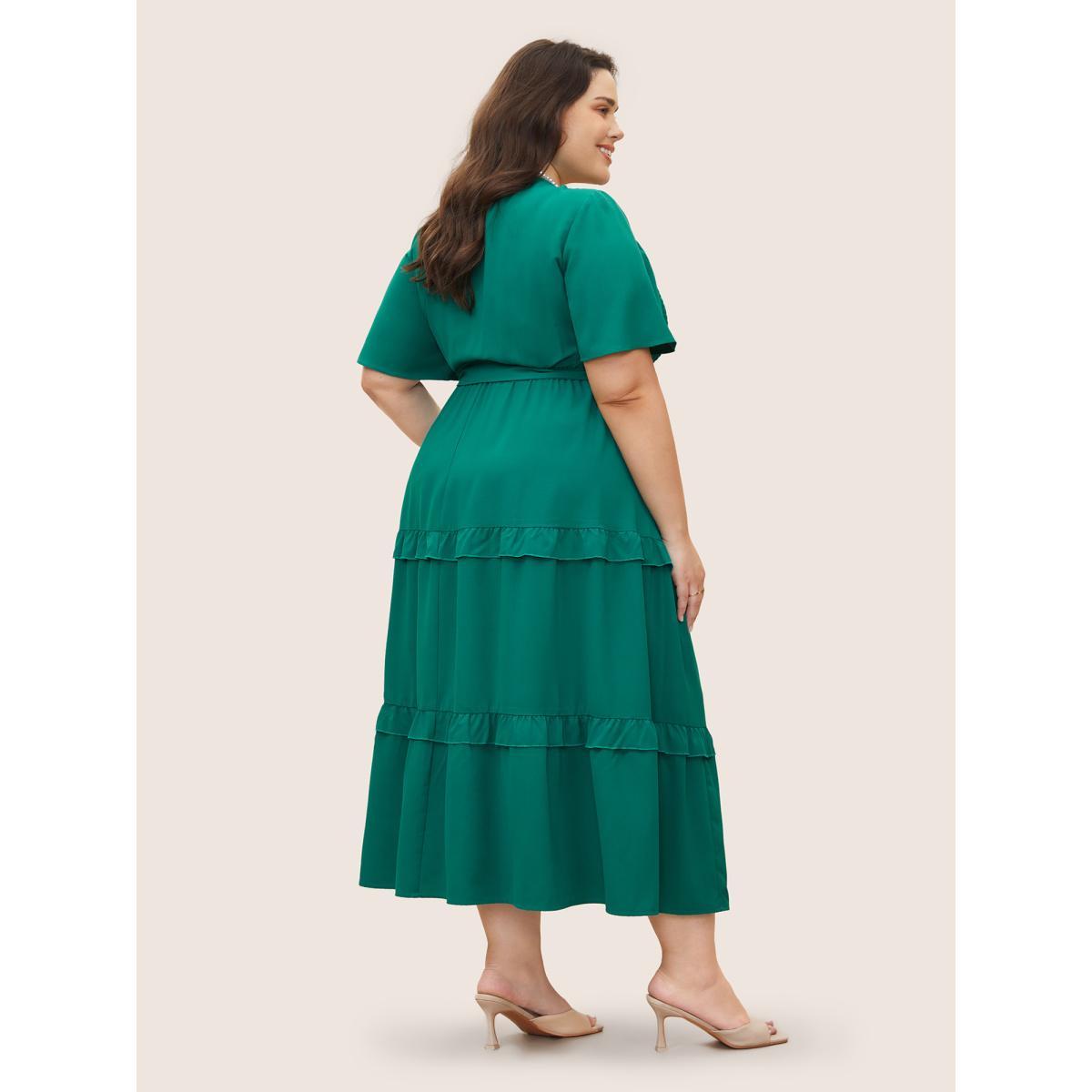 Plus Size Round Neck Solid Ruffles Shirred Belted Dress Emerald Women Elegant Frill Trim Round Neck Short sleeve Curvy BloomChic 30/6X Product Image