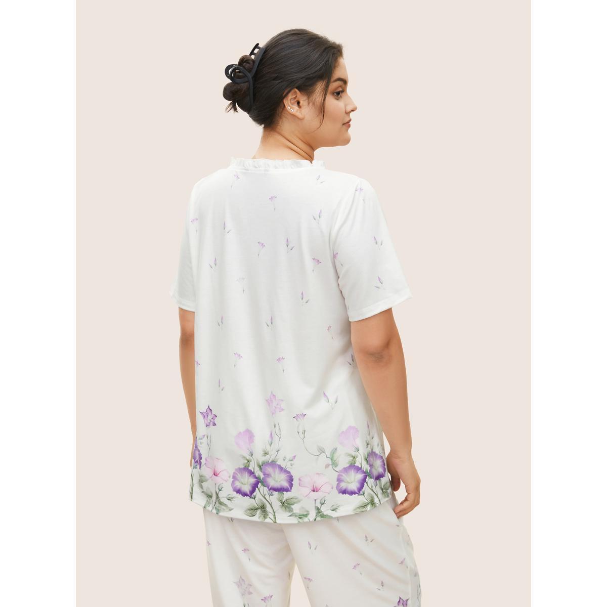 Plus Size Floral Pleated Button Detail Loungewear Set Women White Contrast Short sleeve Round Neck Lounge Loungewear Sets BloomChic 10/M Product Image