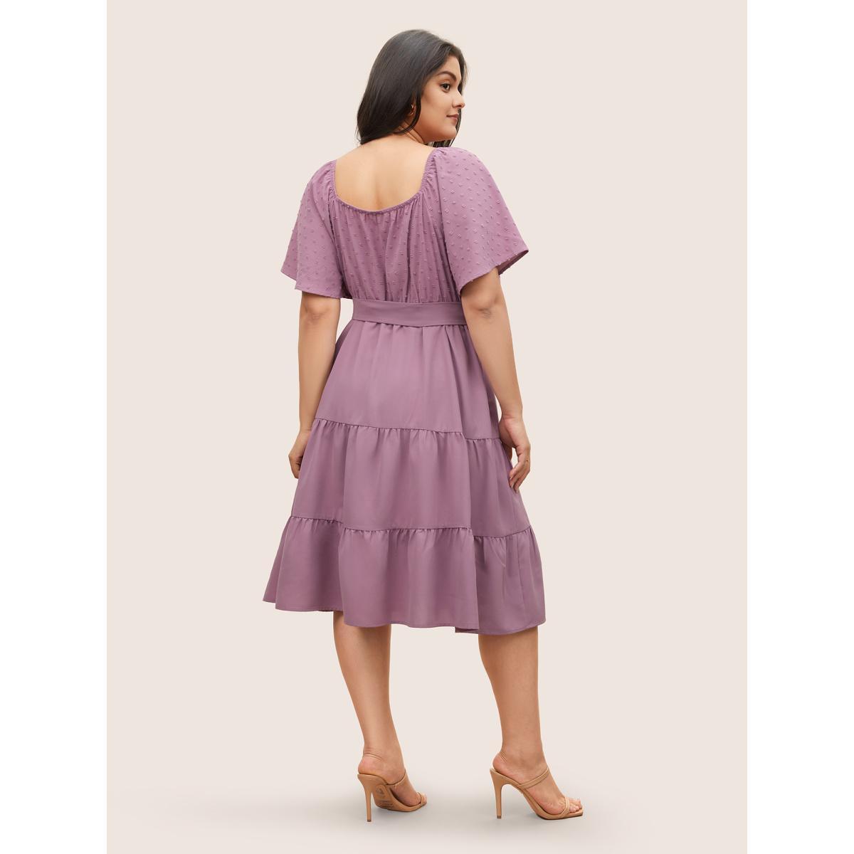 Plus Size Plain Textured Ruffle Layered Hem Belted Dress Lilac Women Elegant Non Square Neck Short sleeve Curvy Midi Dress BloomChic 10/M Product Image
