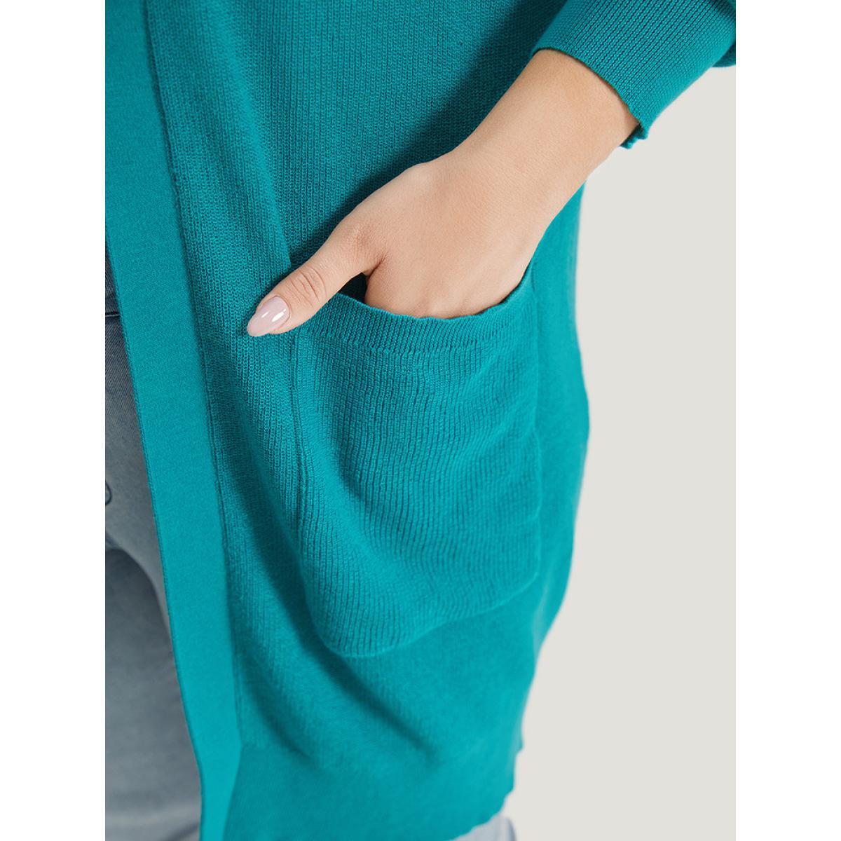 Plus Size Solid Open Front Patched Pocket Cardigan Emerald Women Casual Loose Long Sleeve Dailywear Cardigans BloomChic 10/M Product Image