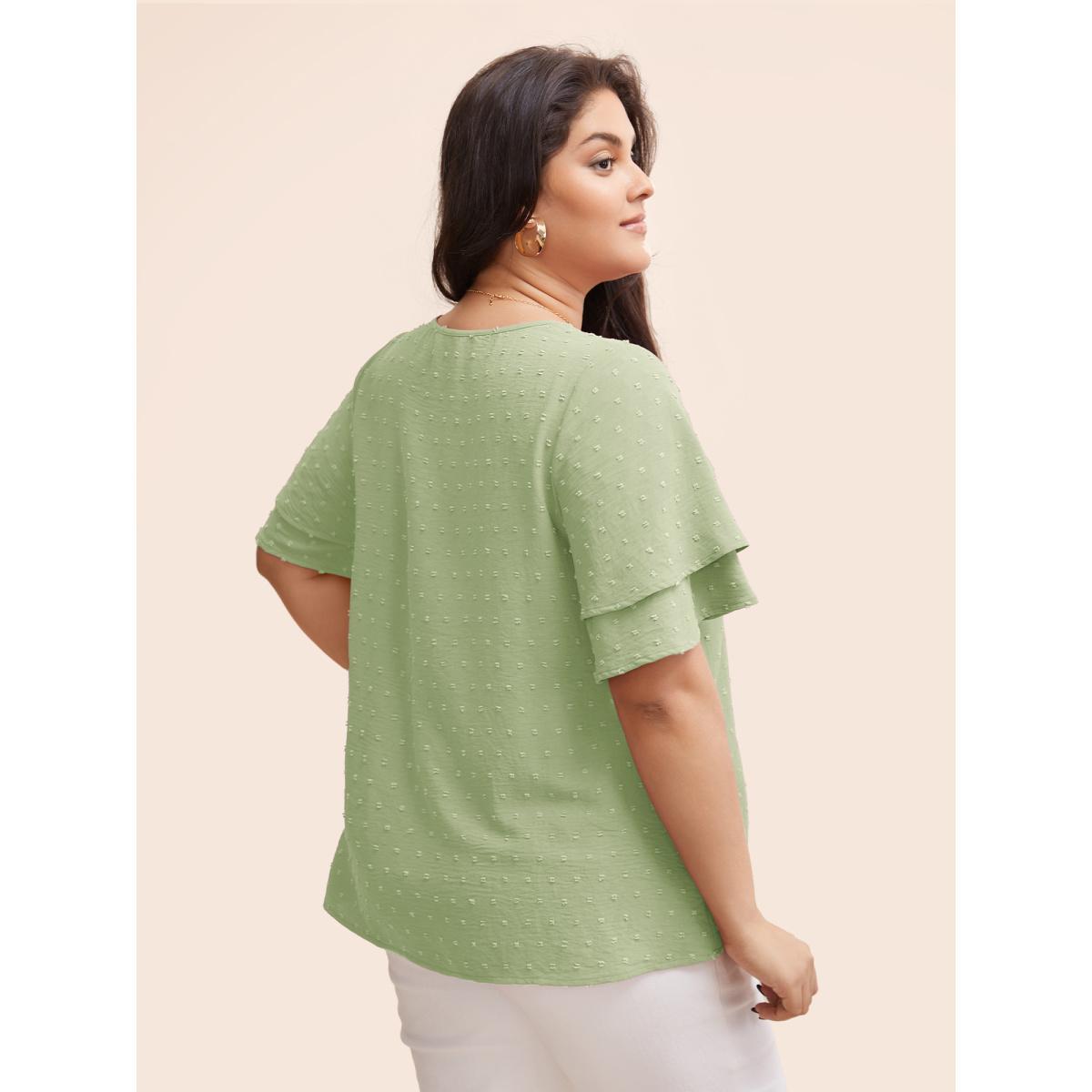 Plus Size Mint Plain Ruffle Tiered Sleeve V Neck Polka Dot Blouse Women Elegant Short sleeve V-neck Everyday Blouses BloomChic 30/6X Product Image