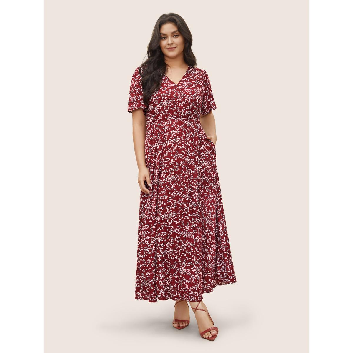Ditsy Floral Printed Vintage Plus Size Women Vacation Long Dress Ruffle Sleeve Half Sleeve V Neck Pocket Elegance Dresses BloomChic Product Image