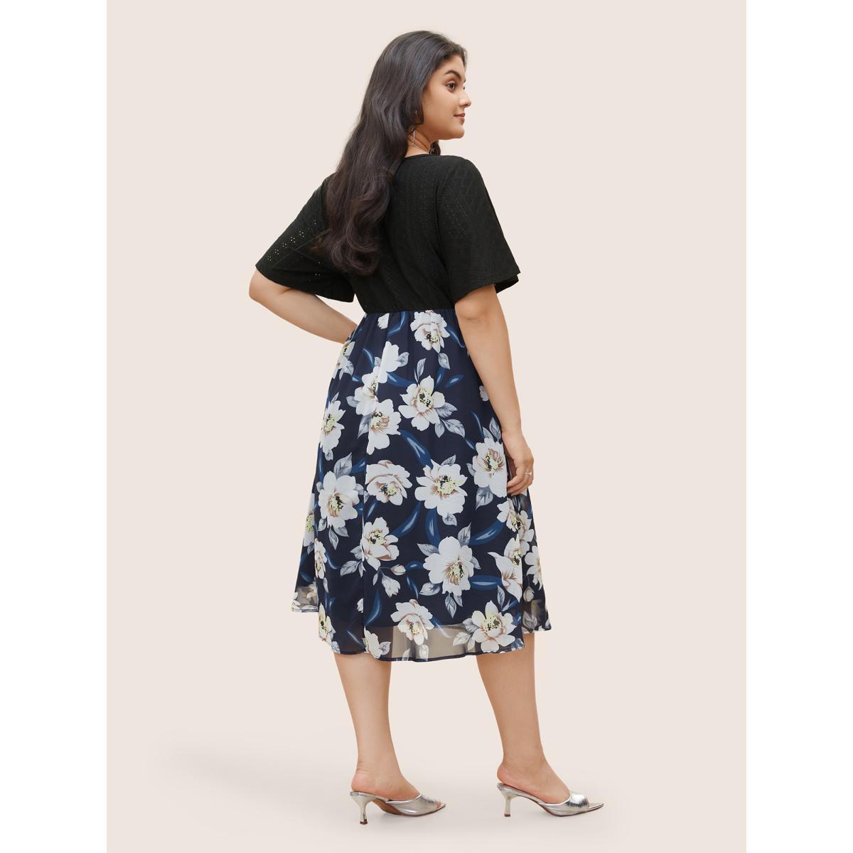 Plus Size Chiffon Floral Patchwork Ruched Hollow Out Dress DarkBlue Women Elegant Non Square Neck Short sleeve Curvy Midi Dress BloomChic 26/4X Product Image