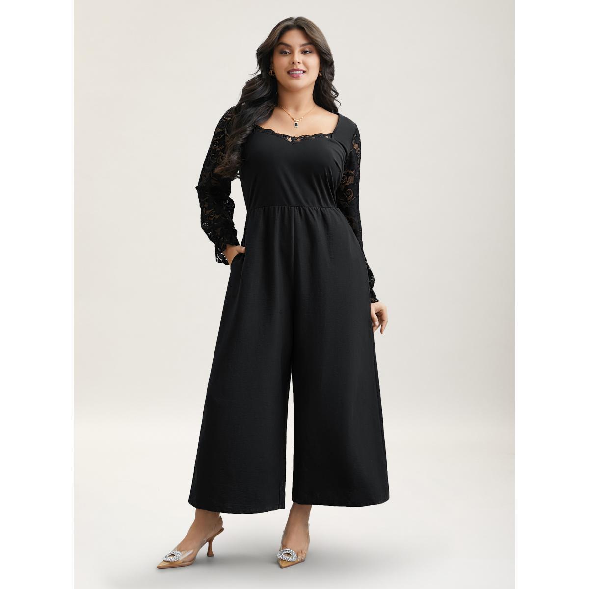 Plus Size Black Lace Sheer Sleeve Flared Jumpsuit Women Elegant Extra Long Sleeve Heart neckline Everyday-Elegant Loose Jumpsuits BloomChic 10/M Product Image